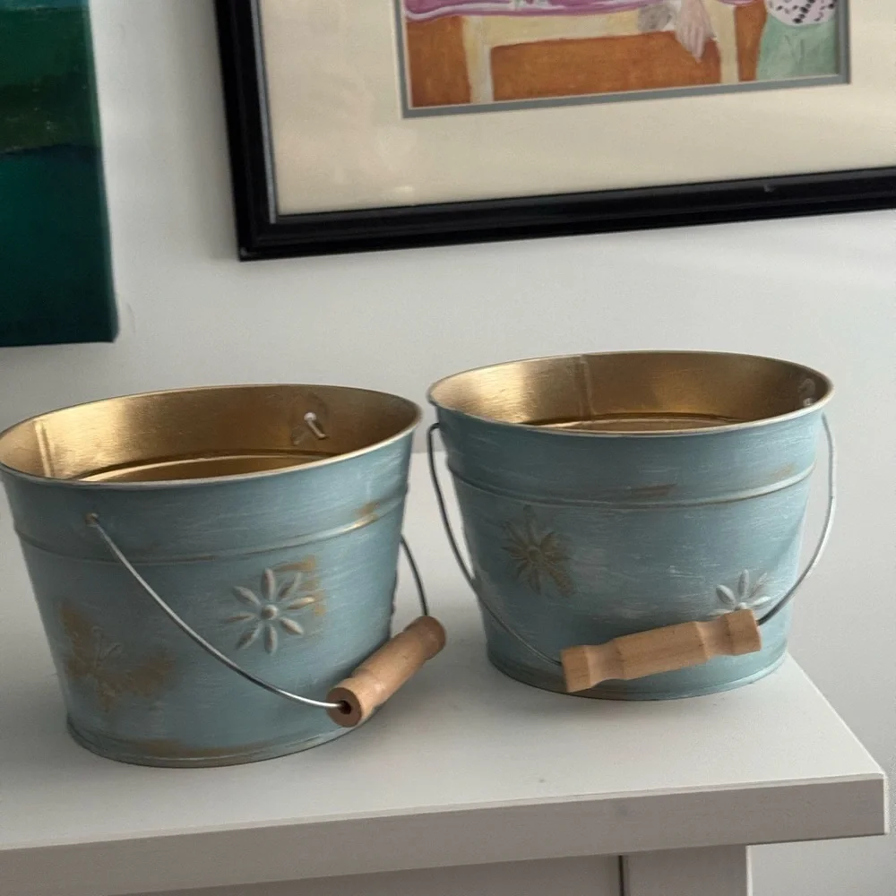 Blue Metal Buckets with Gold Accents and Gold Inside Decorative Use (2)